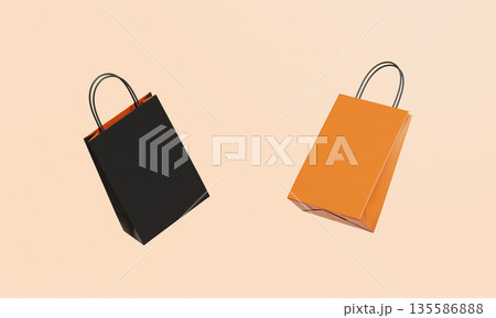 Orange and Black Retail Paper Shopping Bags Mock up. 3D Rendering. 135586888