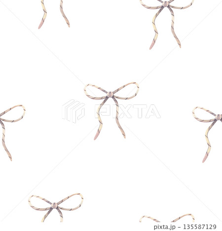 Watercolor seamless pattern with twine bows. Hand-painted illustration isolated on white for stationery, invitations, packaging, textiles, branding, scrapbooking, romantic, simple design, decor Watercolor seamless pattern with twine bows. Hand-painted illustration isolated on white for stationery, invitations, packaging, textiles, branding, scrapbooking, romantic, simple design, decor 135587129