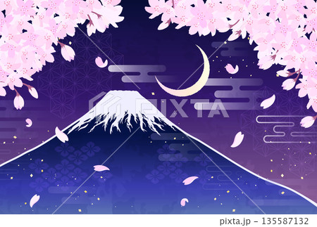 桜と富士山と三日月のイラスト_横2 135587132