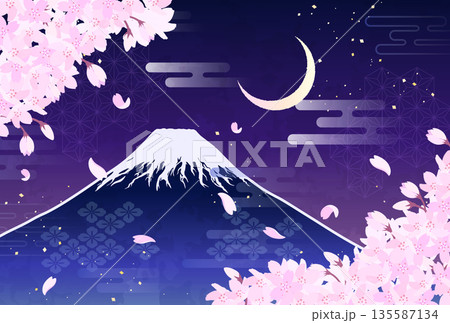 桜と富士山と三日月のイラスト_横4 桜と富士山と三日月のイラスト_横4 135587134