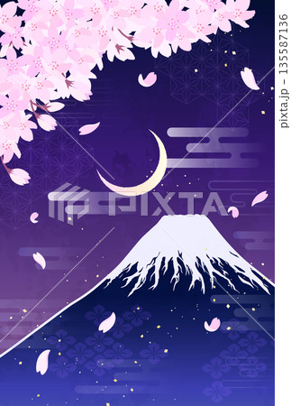 桜と富士山と三日月のイラスト_縦2 桜と富士山と三日月のイラスト_縦2 135587136