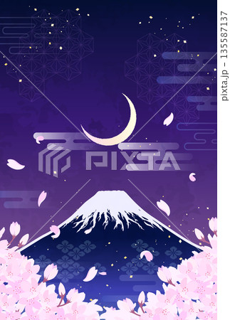 桜と富士山と三日月のイラスト_縦3 桜と富士山と三日月のイラスト_縦3 135587137
