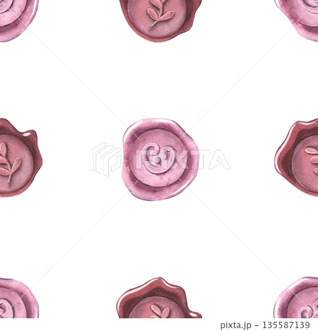 Watercolor seamless pattern bright wax seals. Hand-painted illustration isolated on white for stationery, invitations, packaging, textiles, branding, scrapbooking, romantic vintage design, decor 135587139
