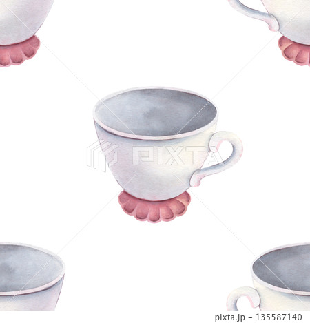 Watercolor seamless pattern with elegant pink and white cups for coffee or tea. Hand-painted illustrations isolated on white for packaging, textile, kitchen prints, branding, party invitation, design Watercolor seamless pattern with elegant pink and white cups for coffee or tea. Hand-painted illustrations isolated on white for packaging, textile, kitchen prints, branding, party invitation, design 135587140