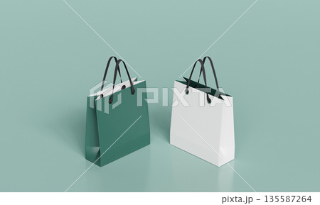 White and Green Retail Paper Shopping Bags Mock up. 3D Rendering. 135587264