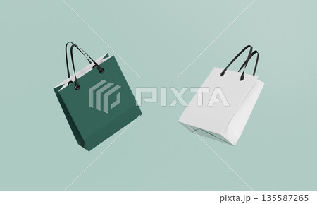 White and Green Retail Paper Shopping Bags Mock up. 3D Rendering. 135587265