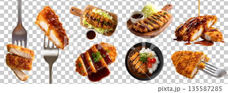 Set of pork chicken katsu tonkatsu breaded Deep-fried meat cutlet, fork, with curry sauce, serving wooden board, stack pile slice broken bite, transparent cutout PNG. Many different style mockup 135587285