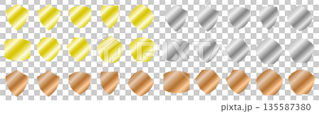 Icon set of emblems, shields, badges, etc. in gold, silver, and bronze 135587380