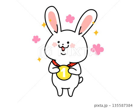 一位のメダルを持つかわいい動物のイラスト　ウサギさん 135587384