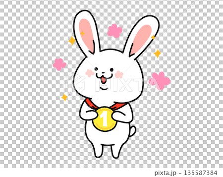 一位のメダルを持つかわいい動物のイラスト　ウサギさん 135587384