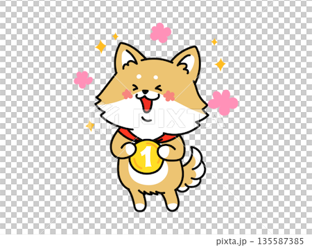 一位のメダルを持つかわいい動物のイラスト　柴犬さん 135587385