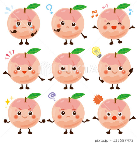 桃のキャラクターイラスト 表情セット 桃のキャラクターイラスト 表情セット 135587472