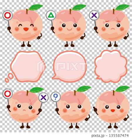 桃子角色插圖，手持圓形、圓形、三角形或三角形卡片 135587474