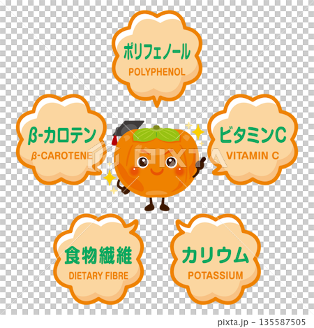 柿のキャラクターと柿に含まれる成分イラスト 135587505
