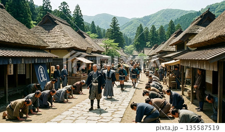 戸時代の難所・箱根峠を越える参勤交代の大名行列と石畳の続く箱根宿の風景 戸時代の難所・箱根峠を越える参勤交代の大名行列と石畳の続く箱根宿の風景 135587519