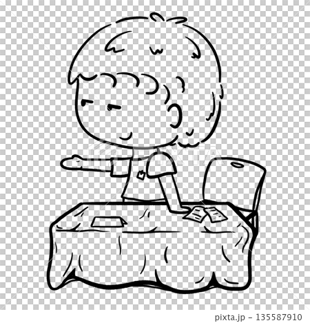 Boy reached out his hand at the booth table cartoon outline illustration 135587910