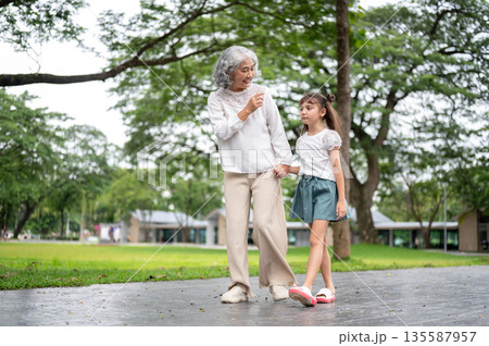 Old woman grandmother holding hand walking and talking to kid girl granddaughter in park or garden. 135587957