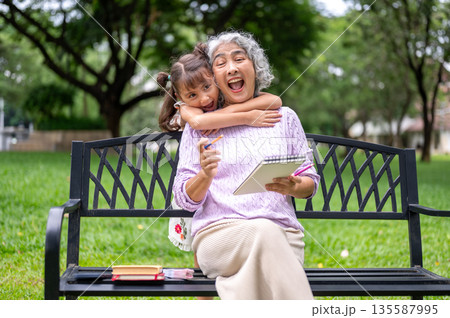 Kid girl granddaughter standing neck hugging an old woman grandmother who sitting on bench in park. 135587995