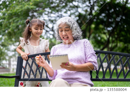 Old woman granny making funny face as looking at notebook of kid girl granddaughter on park's bench Old woman granny making funny face as looking at notebook of kid girl granddaughter on park's bench 135588004