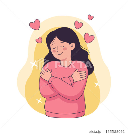 Self-love concept illustration. Happy cute girl hugging herself with hearts. Mental health and self-care 135588061