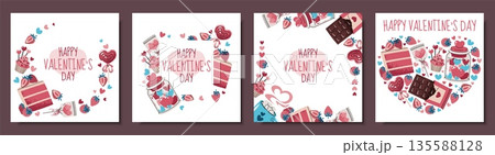 Set of square frames with sweets, cake, chocolate, strawberry, candy and hearts. Valentine's day, wedding, anniversary, love celebration. Sweet collection concept. For banner, poster, card Set of square frames with sweets, cake, chocolate, strawberry, candy and hearts. Valentine's day, wedding, anniversary, love celebration. Sweet collection concept. For banner, poster, card 135588128