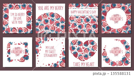 Set of Square frame templates with strawberry and hearts in flat style. Valentine's day, mother's day, anniversary, love gift. For photo border, social media post, invitation, label, packaging, card 135588131