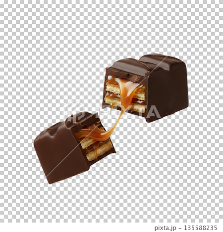 Mouthwatering broken chocolate bar revealing gooey caramel and crispy wafer layers, isolated on transparent background 135588235