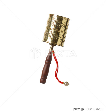 Traditional golden tibetan prayer wheel with wooden handle and red string, isolated on transparent background. Symbol of buddhism, spirituality, and meditation 135588236