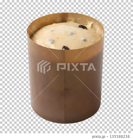 Unbaked panettone dough sitting in its classic paper mold, ready for the oven. Perfect for christmas baking, italian cuisine, and food preparation 135588238