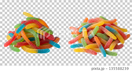 Vibrant, translucent piles of assorted gummy worm candies on a transparent background. Perfect for candy stores, party themes, and sweet graphics 135588239