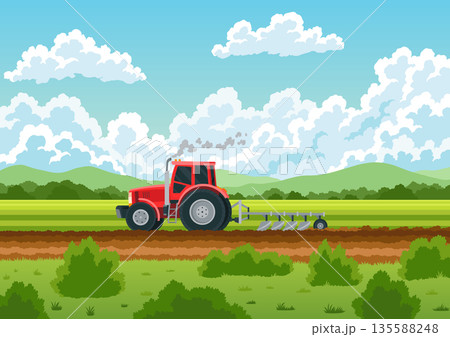 Agriculture farming landscape. Countryside land. Tractor plowing the field on rural landscape background. Farm life, soil cultivation process. Vector cartoon illustration Agriculture farming landscape. Countryside land. Tractor plowing the field on rural landscape background. Farm life, soil cultivation process. Vector cartoon illustration 135588248