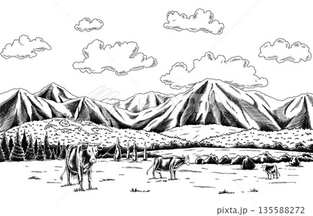 Cows grazing on meadow. Hand drawn farm land with barn vector illustration. Rural landscape, village vintage sketch Cows grazing on meadow. Hand drawn farm land with barn vector illustration. Rural landscape, village vintage sketch 135588272