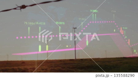 Displaying candlestick overlay on wind farm with turbines, showing pink trend line and data labels 135588290