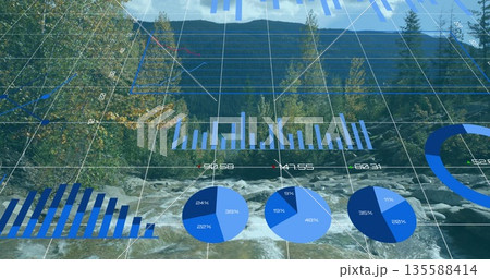 Displaying data overlay on mountain river, with grid overlay, bar pie line charts, numeric labels Displaying data overlay on mountain river, with grid overlay, bar pie line charts, numeric labels 135588414