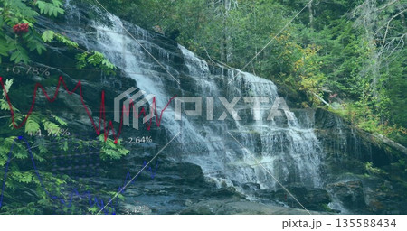 Cascading waterfall flowing over layered rock ledges in gorge with red berries overlaid line graphs 135588434