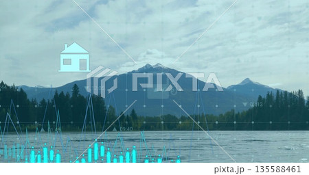 Displaying snowcapped mountains above lake with grid line or bar charts labels and home or battery i 135588461