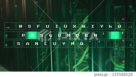 Keyboard overlay highlighting N apostrophe keys in server room, with racks switches cables LEDs Keyboard overlay highlighting N apostrophe keys in server room, with racks switches cables LEDs 135588529