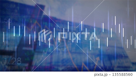 Showing candlestick chart overlaying glass highrise exterior with data labels and orange line graph 135588560