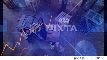 Operating forklift wearing yellow vest lifting boxes at depot with tablet data overlay, copy space 135588583