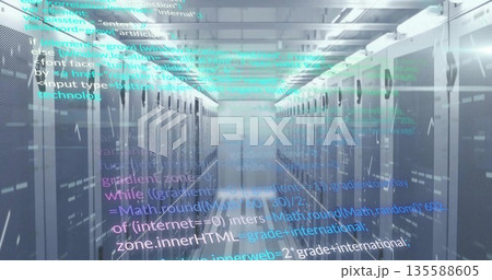 Stretching corridor between server cabinets inside data center with blinking LEDs and code overlay Stretching corridor between server cabinets inside data center with blinking LEDs and code overlay 135588605