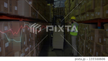 Scanning warehouse worker in helmet and vest checking boxes in aisle, forklift, overlay, copy space Scanning warehouse worker in helmet and vest checking boxes in aisle, forklift, overlay, copy space 135588606
