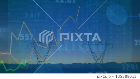 Standing steel lattice towers with power lines over rural plain at dusk, with colored line graphs 135588613