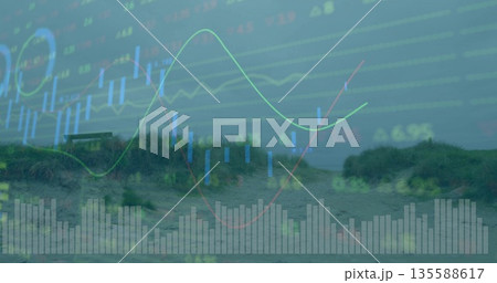Displaying coastal dune path with stock overlay of candlestick bars trend line histogram bars 135588617