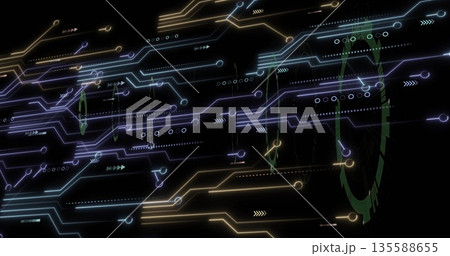 Pulsing abstract neon circuit lines branching across virtual interface, with nodes and arrows Pulsing abstract neon circuit lines branching across virtual interface, with nodes and arrows 135588655