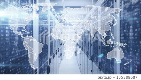 Displaying server rack aisle under bluish LEDs, with world map overlay and cascading binary code 135588687
