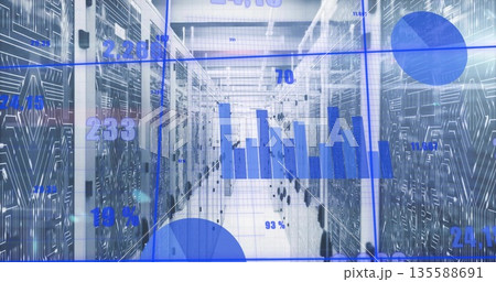Illuminating server room aisle displaying server racks, featuring live analytics overlay Illuminating server room aisle displaying server racks, featuring live analytics overlay 135588691