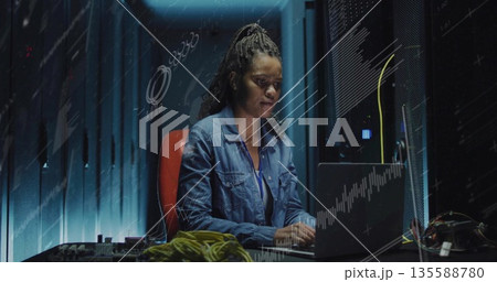 Monitoring woman wearing denim working on laptop in server room, network cables and circuit boards Monitoring woman wearing denim working on laptop in server room, network cables and circuit boards 135588780