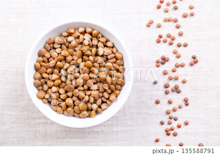 Cooked lentils, boiled small brown lentils, in a white bowl on linen. Canned unshelled mountain lentils, seeds of Lens culinaris, a legume and staple, used for thick curry, gravy or dal. Food photo Cooked lentils, boiled small brown lentils, in a white bowl on linen. Canned unshelled mountain lentils, seeds of Lens culinaris, a legume and staple, used for thick curry, gravy or dal. Food photo 135588791