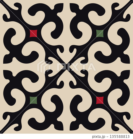 Bright Central Asian nomadic ram horn ornament seamless vector pattern in traditional ethnic style Bright Central Asian nomadic ram horn ornament seamless vector pattern in traditional ethnic style 135588813