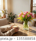 Cozy Morning Coffee Moments with Spring Floral Bouquets in a Sunlit Interior 135588858